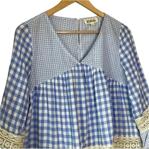 Listicle Vintage  Gingham Checkered Babydoll Blouse Lace Trim