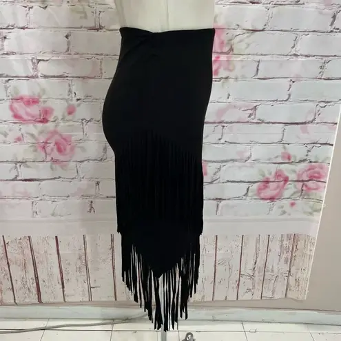 AQUA  Women's Faux Suede Long Fringed Asymmetrical Wrap Style Black Skirt Size S