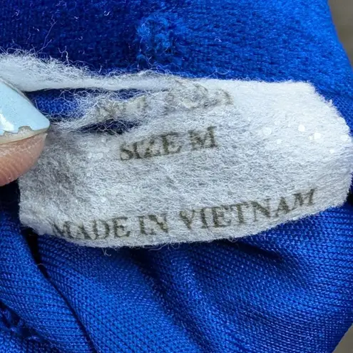 Vtg 1990s Cobalt Blue Velvet Floral Glitter Chinese Cheongsam Qipao Maxi Dress M Size M