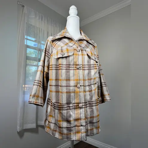 Vintage ‘70s Handmade Beige, Gold & Brown Plaid Button Front Lightweight Jacket Size XL