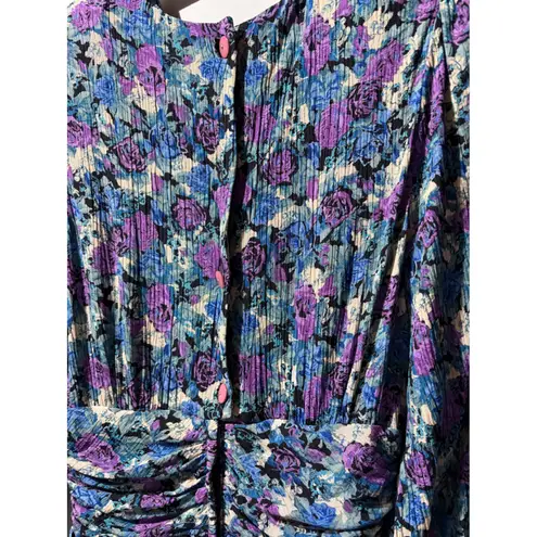 Vintage Floral Print Pleated Midi Dress Women's Long Sleeve Ruched Waist Purple Size 8