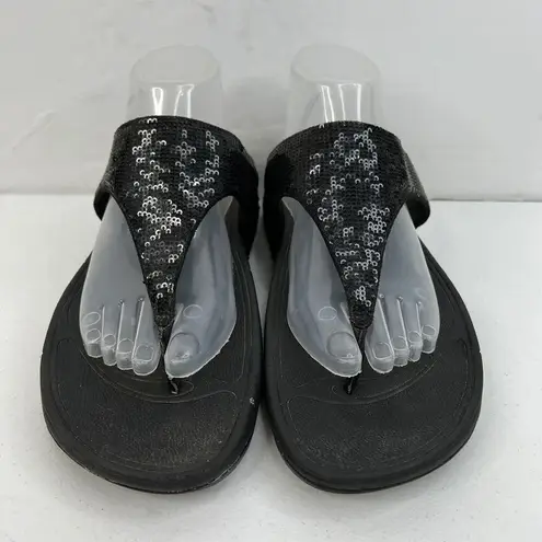 FitFlop  Size 10 Electra Micro Sequin Toe Post Sandals Black Thong Wedge Black - Image 5