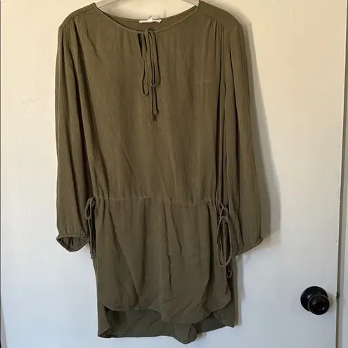 Pleione Olive Green Drawstring Waist Tunic Relaxed Fit Lightweight Blouse Small
