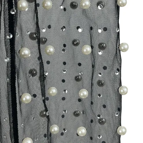 Women's Black Mesh Sheer Pearl Beaded Embellished Long Sleeve Crop Top Size S