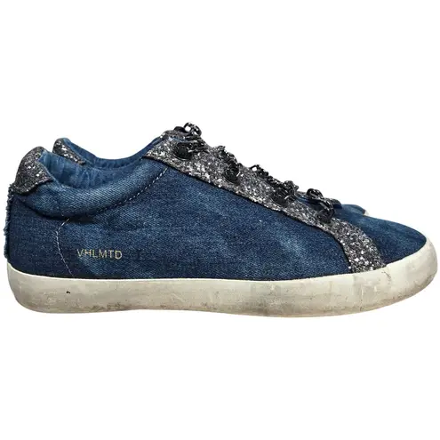 Vintage Havana Yves Washed Denim Sneakers Slip On Sparkle Sneakers Chain 10 Blue
