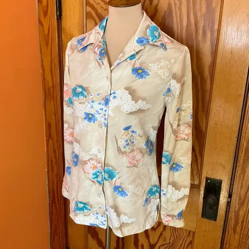 Vintage 70s floral polyester disco shirt Tan Size M