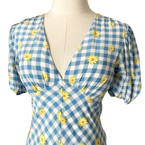 Staud Milla Print Mini Dress Gingham Daisy Plaid Size 4 Blue