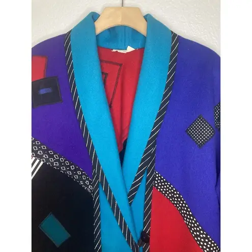 Vintage 90s Wool Color Block Coat L/XL Pop Wearable Art Geometric Pockets Bright Size L