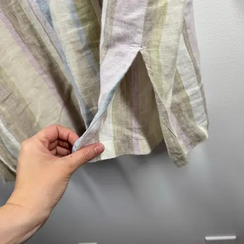 Kate Hill Top Women 2X Plus Size Tan Stripe 100% Linen Button Up Roll Tab Coast