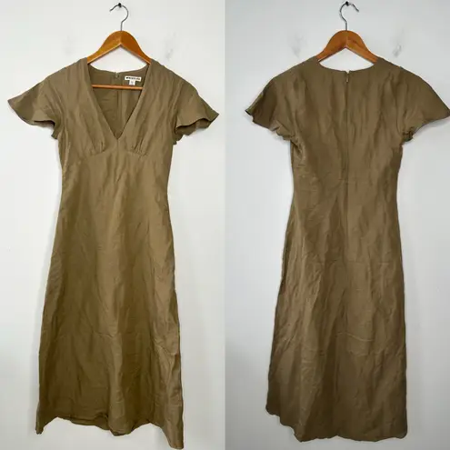 WHISTLES Midi Dress Womens Size 2 Linen Cotton Minimalist Olive Indie Goblincore Green