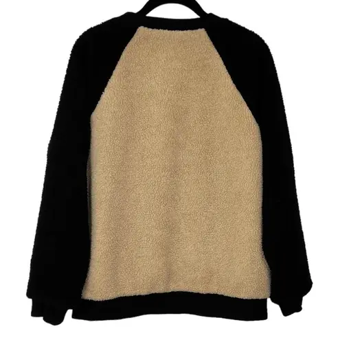 Movint Colorblock Raglan Sleeve Fleece Bomber Jacket L Black Tan Teddy Size L