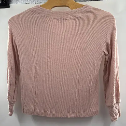 Gibson Look Womens Blouse Ribbed Knit V-Neck Long Sleeve Top Casual Pink L