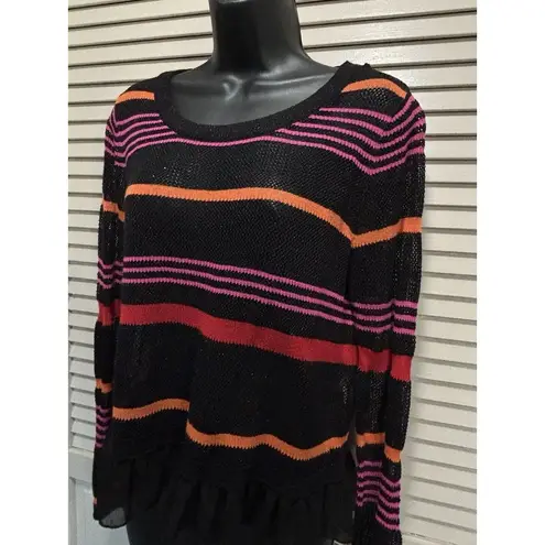 Mac & Jac Black/Multi Striped Sweater Round Neck Long Sleeve Size XL Open Knit Black