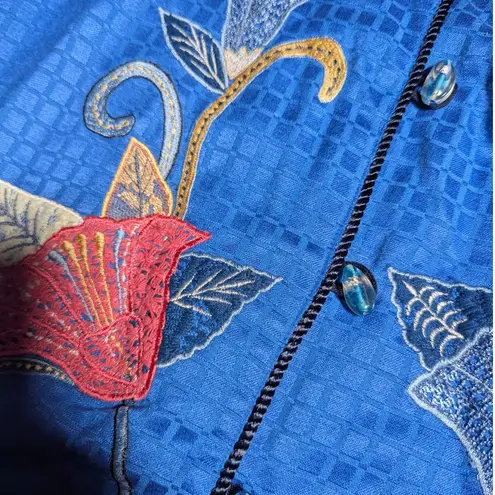 Vtg Y2K Indigo Moon Blue Floral Applique Collarless Button Up Light Jacket Sz S