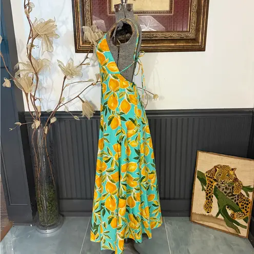 Dress Forum Lemon Print Open Back Fit and Flare Summer Dress ~ Size Small 💚🍄 Yellow