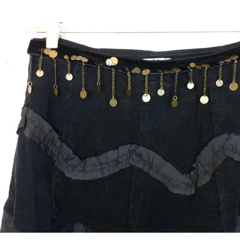 X Store Italy Y2K Black A Line Mix Media Midi Skirt Coin Chain Corduroy 28 1/2 Size undefined
