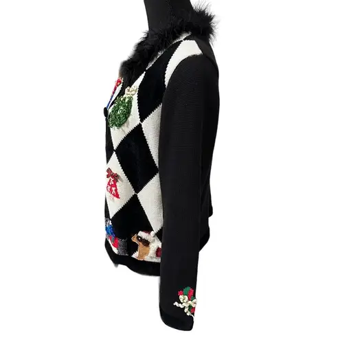 Christmas Argyle Cardigan Sweater Black Poodles Wreaths Trees More Dogs Medium
