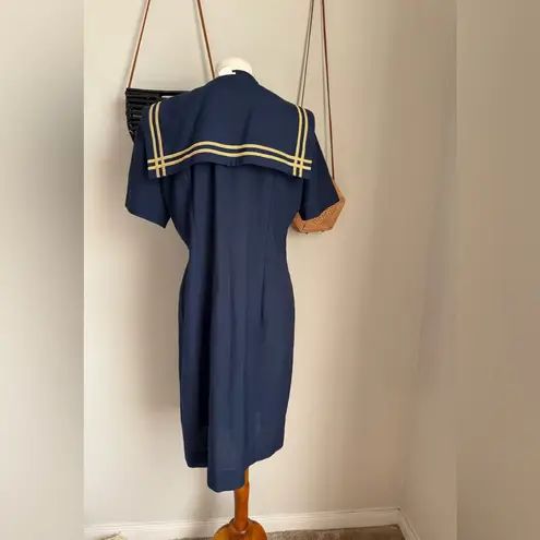 Leslie Fay Vintage 1990s Nautical Blue Midi Sailor Collar Dress, Size 16
