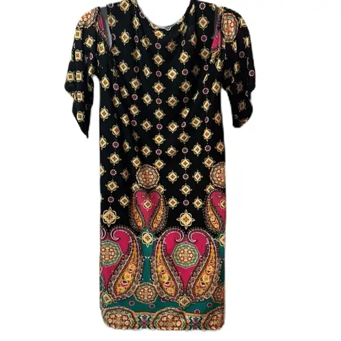 Lily Pad MultiColored Print Cold Shoulder Dress Size Large Black