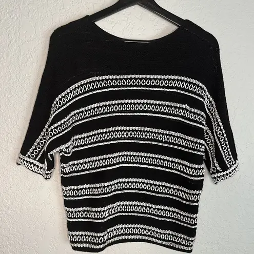 Nic+Zoe Celestial Sweater Top Linen Black White Semi Sheer Coastal Preppy Summer