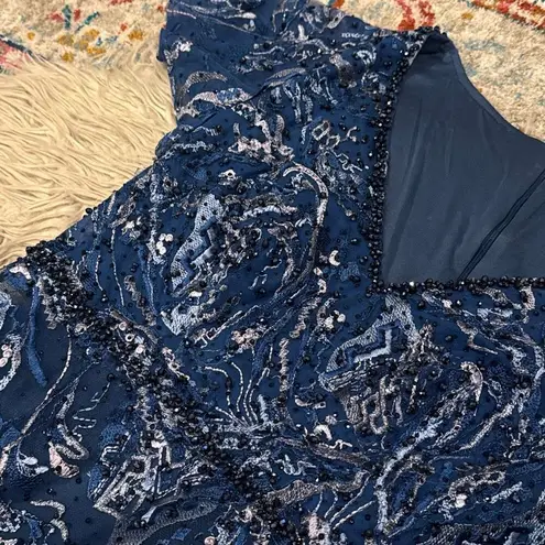 Mac Duggal NWOT  Navy Embellished Illusion Butterfly Sleeve A-Line Gown size 14