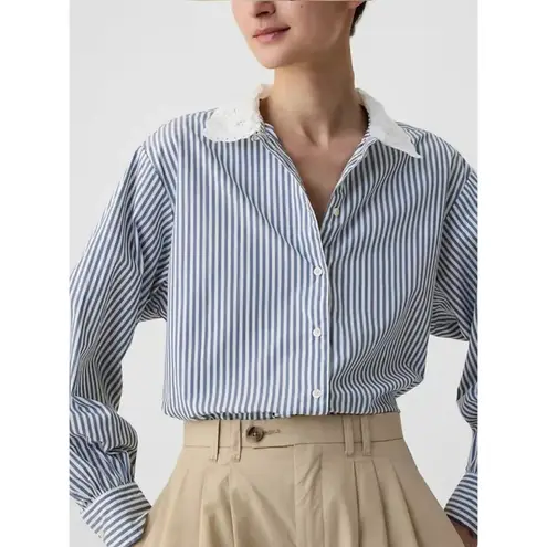 Gap X DOEN Eyelet Lace Collar Button Down Big Shirt Blue Stripe 100% Cotton L Size L