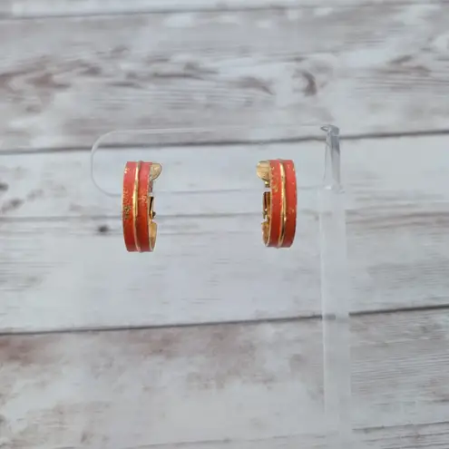 Vintage Clip On Earrings Orange & Gold Tone Hoops
