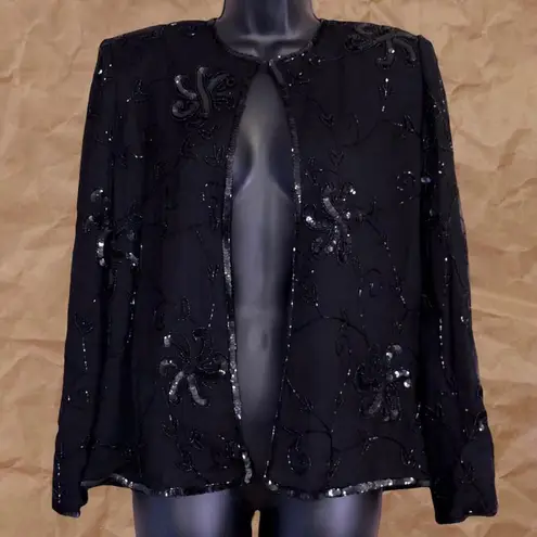 Vintage Black Sequin Beaded Silk Jacket Size S petite
