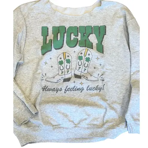 Always Lucky Oversized Sweatshirt Gray Green L Western Cowgirl Size L
