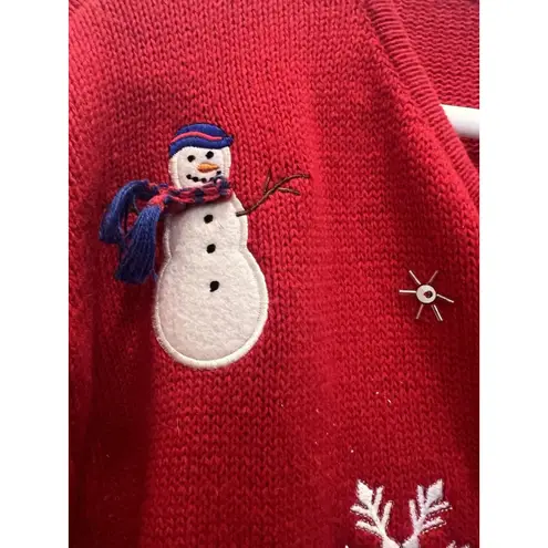 Vintage Crystal Kobe Knitted Christmas Sweater Cardigan Snowman Snowflakes Large Red