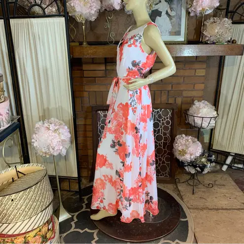 Chetta B CORAL, WHITE AND GRAY FLORAL PRINT CHIFFON MAXI DRESS (12)