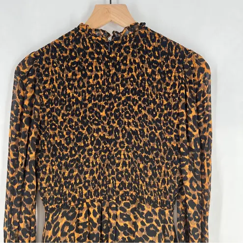 Whistles Classic Leopard Shirred Dress Long Sleeve Mini Mock Fit & Flare Size 6 Brown Size M