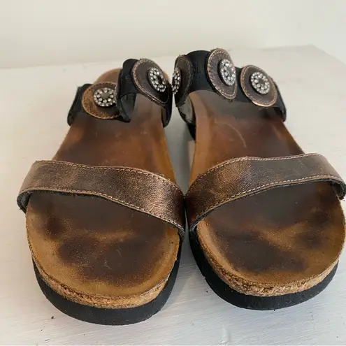 NAOT Marissa Metallic Bronze Strap Rhinestone Wedge Heel Leather Boho Sandal Size 7.5