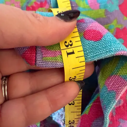 Handmade 1960s Vintage Pink and Blue Floral Linen High Neck Shift Dress | Medium