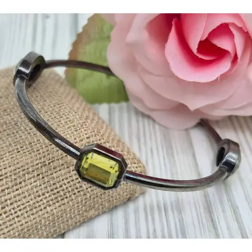 None Gunmetal & Green Bead Station Bangle Bracelets Set Lot of 3