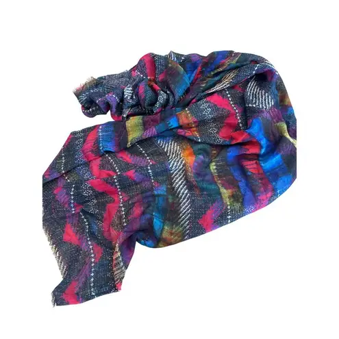 Banaris Abstract Colorful Merino Wool Silk Scarf Wrap 76"x28" Artsy **FLAWS** Red