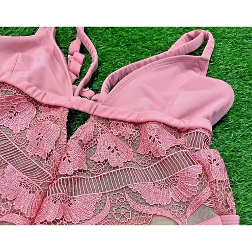 For Love & Lemons  one piece swimsuit lace cut out mesh Barbie pink, HTF Small