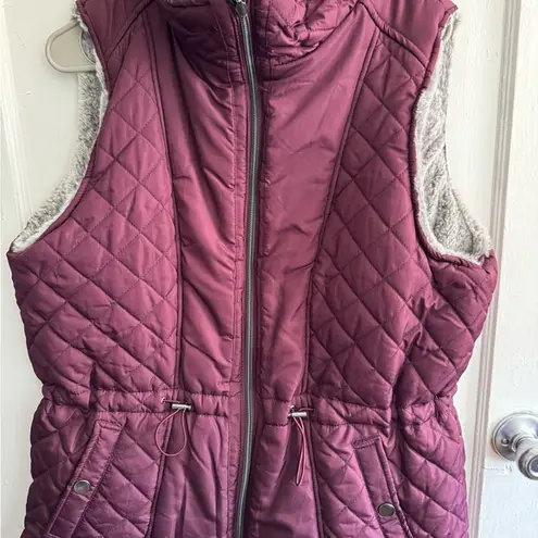 Burgundy Quilted Vest Faux Fur Trim Drawstring Waist Sleeveless Jacket Purple Size XL