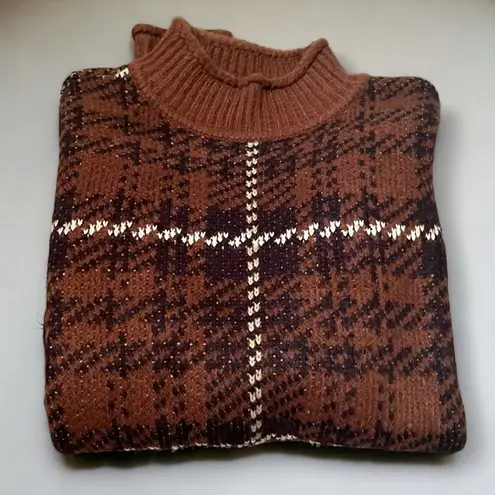 Arizona Jeans ARIZONA Women’s Brown Plaid Mock Neck Long Sleeve Cozy Sweater