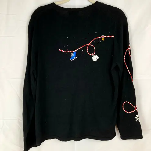 VTG Studio Joy Womens L Christmas Holiday Embroidered Sweater Santa Claus Winter Black Size L