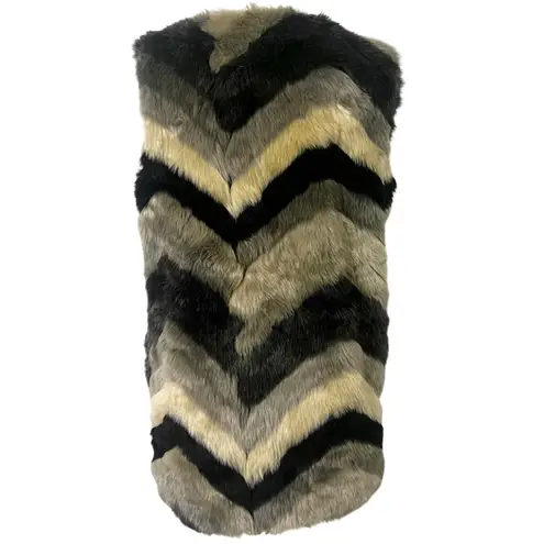 Fever Faux Fur Vest S Sleeveless Chevron Stripes Gray Black Beige Warm Stylish