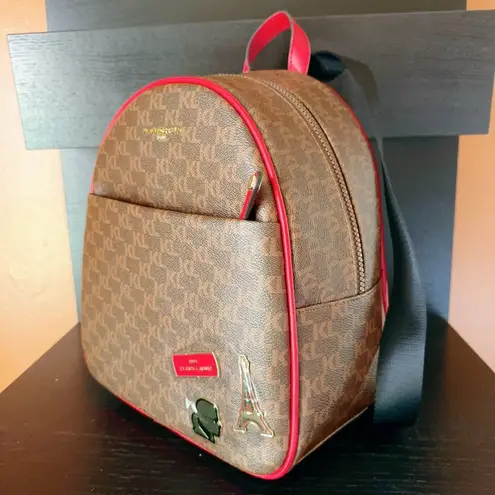 Karl Lagerfeld Backpack Brown Logo Red Line Front Zip Pouch 3 charms NWT $198