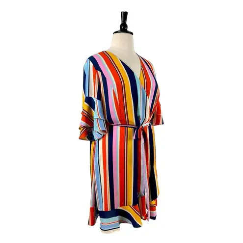 City Chic Wrap Dress Ruffle Sleeve Belted Pink Multi Stripe Women’s Plus Size 24