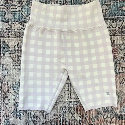 Sweaty Betty Gingham Lavender and White High-Waisted Biker Shorts Medium 8”