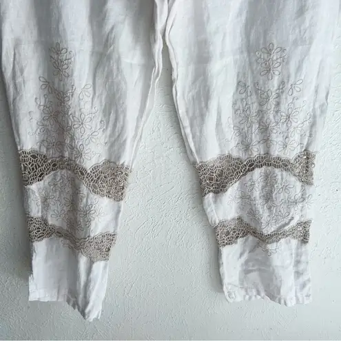 Johnny Was Stasha Linen Lace Embroidered Detail Pants Sz Large White