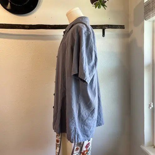 Liz Baker Vintage 90s Blue Textured Silk Button Front Short Sleeve Oversized Shirt Size XL - Image 5