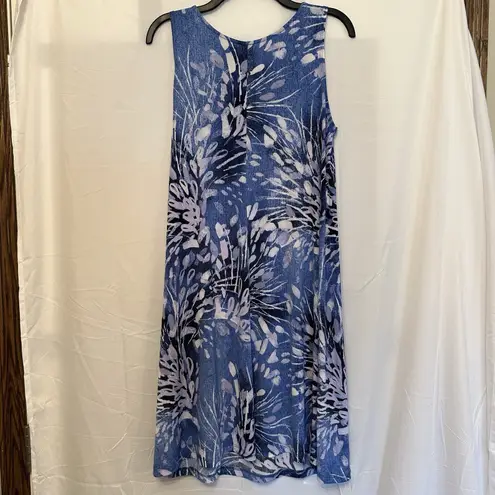 Clara Sun Woo Printed Shift Dress Size XS Blue Stretch Knit Sleeveless Midi