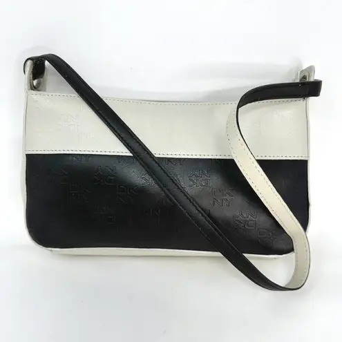 DKNY Vintage  Color Block Logo Embossed Leather Baguette Bag Black‎ White