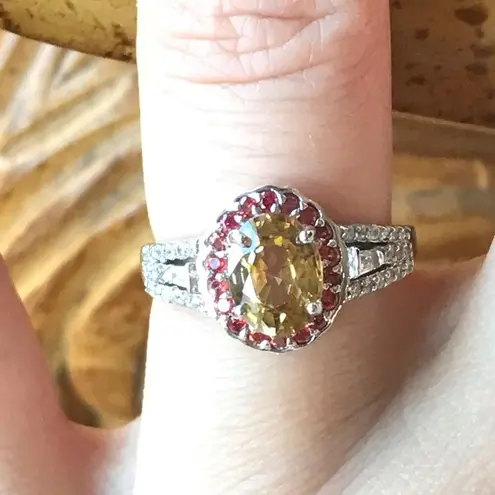 Natural Red Sapphire Yellow Zircon Halo Ring Size 6 Gold