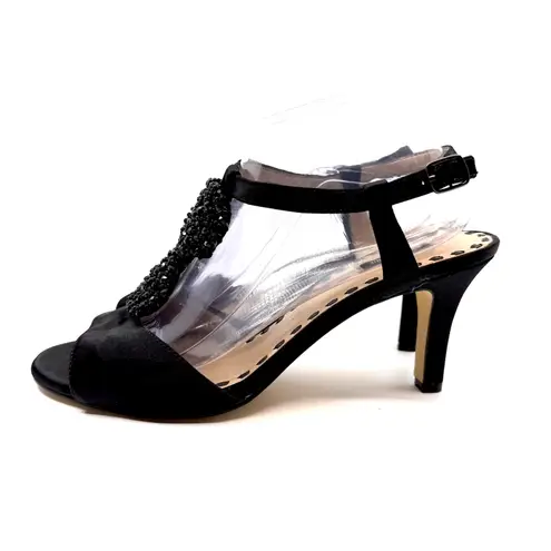 Alex Marie Womens Black Beaded T Strap Heel Sandal Evening Party Shoes Size 9M